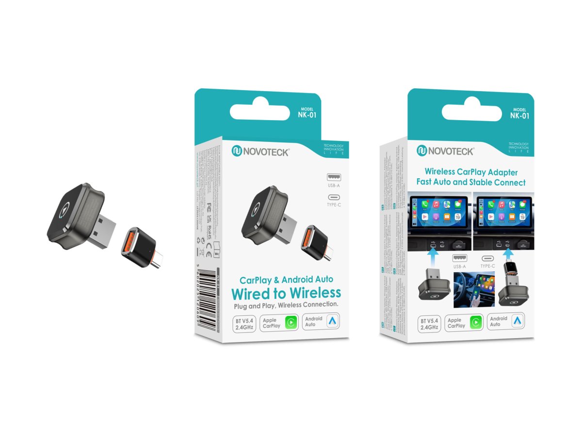 Adaptador Sem Fios NOVOTECK NK-01 para CarPlay e Android Auto, USB-A + USB-C, Plug & Play para Carros Compatíveis