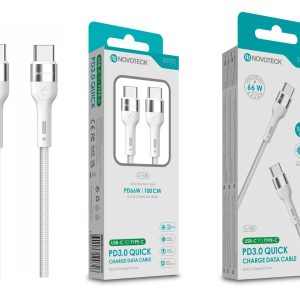 Cabo USB-C para USB-C NOVOTECK S-108 – PD 3.0 Quick Charge,66W,100cm,Branco,Trançado em Nylon