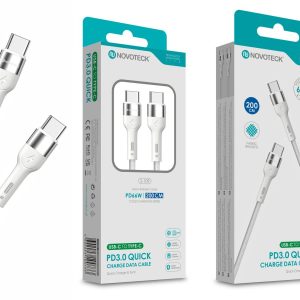 Cabo USB-C para USB-C NOVOTECK S-109 – PD 3.0 Quick Charge,66W,200cm,Branco,Trançado em Nylon