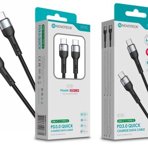 Cabo USB-C para USB-C NOVOTECK S-110 – PD 3.0 Quick Charge,66W,300cm,Negro,Trançado em Nylon