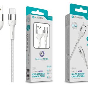 Cabo Type-C NOVOTECK S-114 – Nylon Trançado, 3.1A, 100cm,Branco