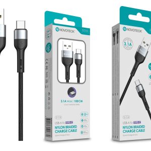 Cabo Type-C NOVOTECK S-114 – Nylon Trançado, 3.1A, 100cm,Negro