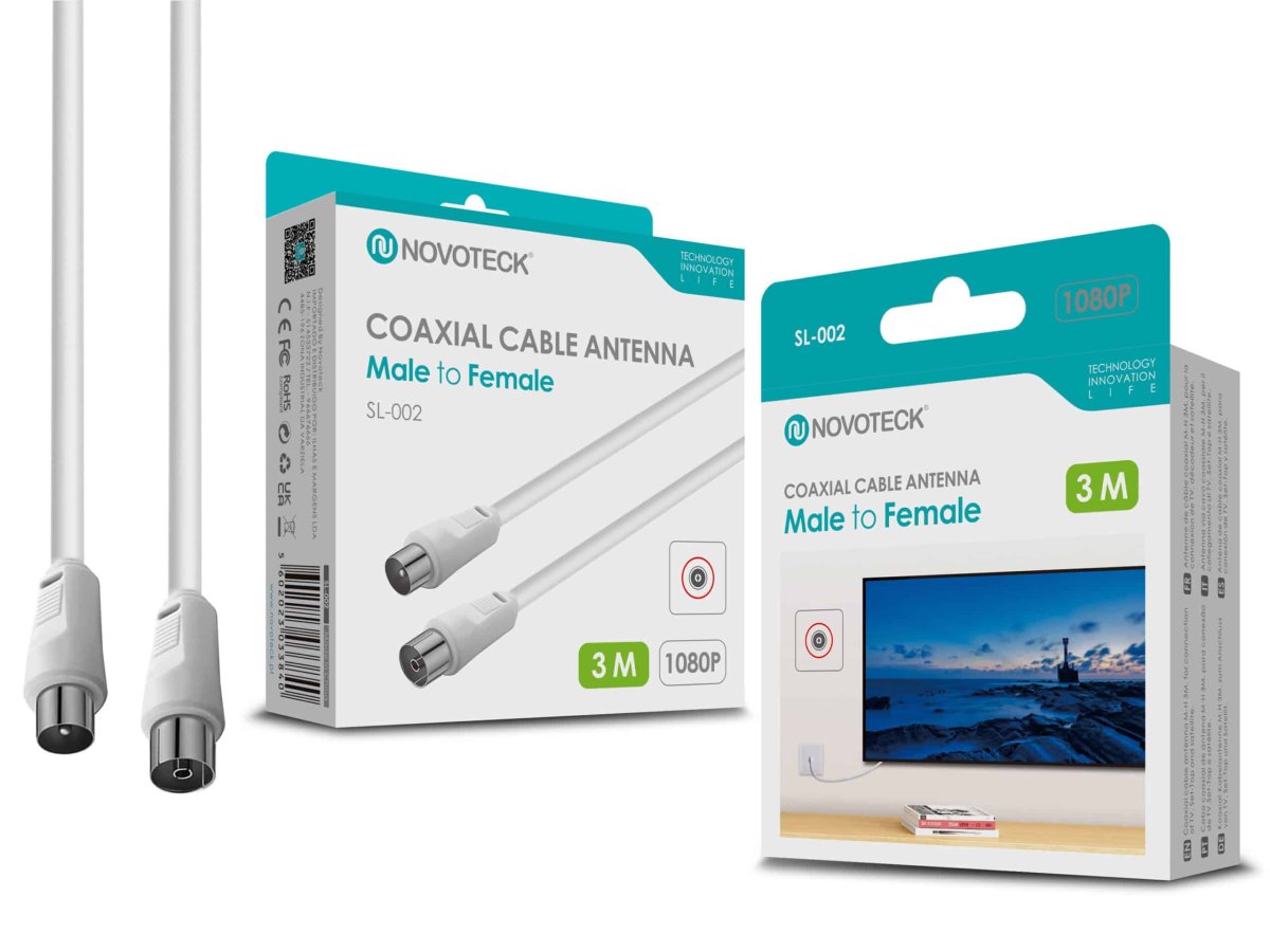 Cabo Coaxial de Antena Novoteck SL-002 – Macho para Fêmea, 3,0m